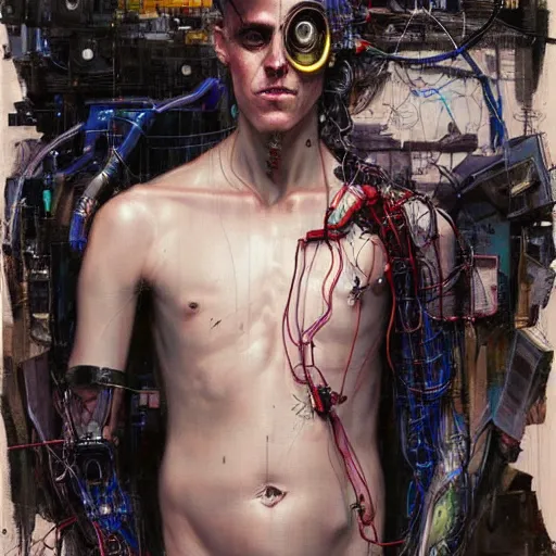 Image similar to zach greinke as a cyberpunk hacker, wires cybernetic implants, in the style of adrian ghenie, esao andrews, jenny saville, surrealism, dark art by james jean, takato yamamoto