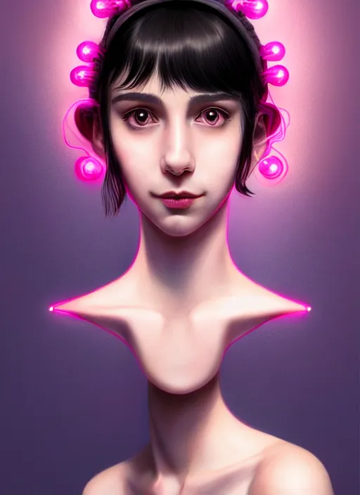 Image similar to portrait of teenage girl, realistic, black hair, bangs, half updo hairstyle, pointy nose, skinny, smile, ugly, defined jawline, big chin, pink hair bow, earrings, intricate, elegant, glowing lights, highly detailed, digital painting, artstation, sharp focus, illustration, art by wlop, mars ravelo and greg rutkowski