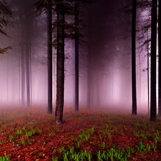 Prompt: a foggy forest clearing at night softly lit by multicolored lights, 8k, photo, rule of thirds,