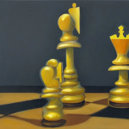 Prompt: a surrealist oil painting of chess pieces in random position across the canvas