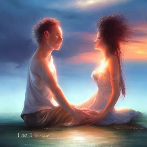 Image similar to couple of love watching sunset, by lise deharme,