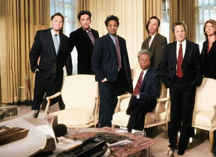 Prompt: a still from the 2001 TV Show The West Wing Starring Jon Stewart