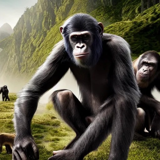 Image similar to a group of apes are filming a movie called planet of the humans, 4 k, detailed