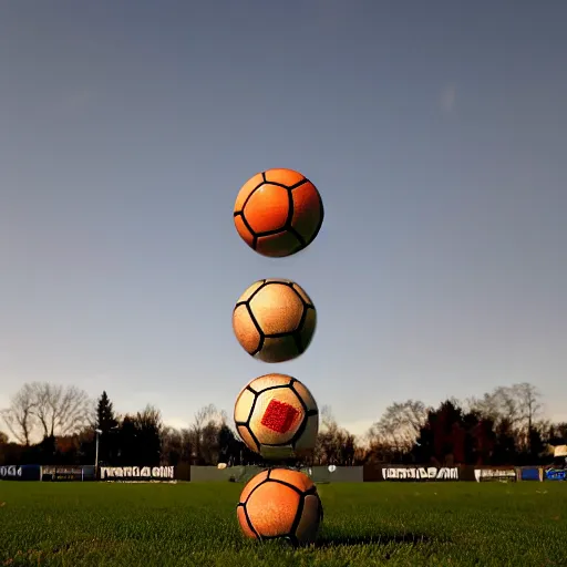 Image similar to a tower of soccer balls one on top of each other reaching the sky.