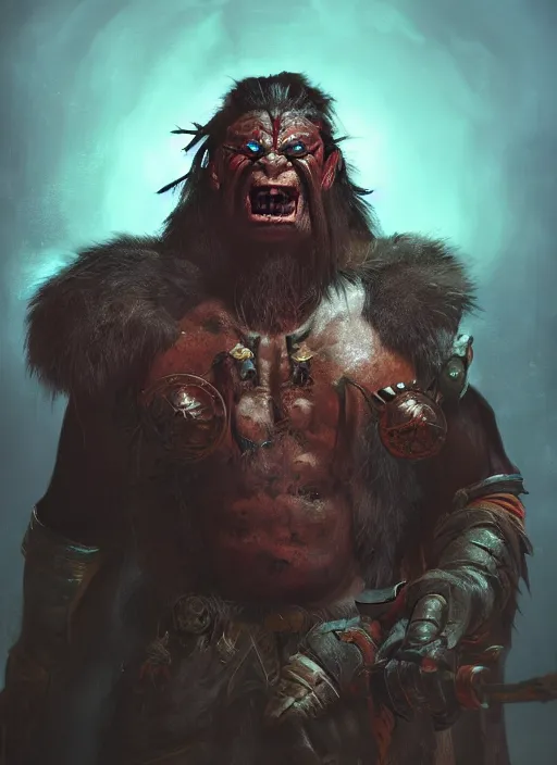 Prompt: A fantasy comic book style portrait painting of a shaman orc in a atmospheric dark fortress, unreal 5, DAZ, hyperrealistic, octane render, RPG portrait, ambient light, dynamic lighting