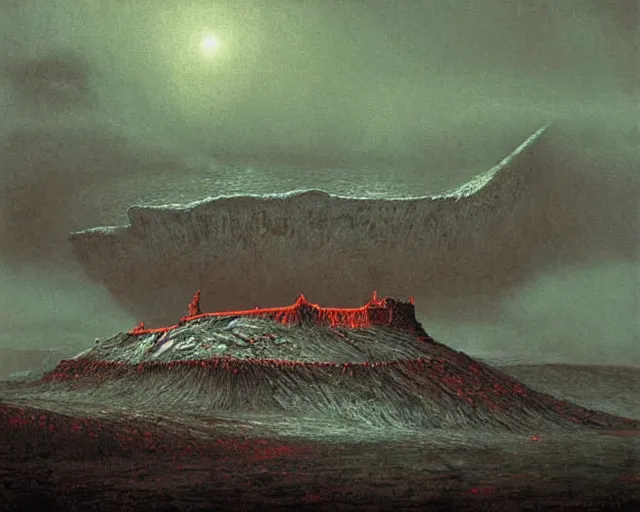 Prompt: A glacial castle surrounded by lava, digital art, Beksinski