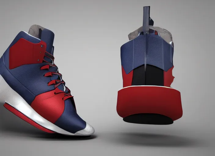 Image similar to basketball sneakers concept of captain america, picture by tim burton, render, cinema 4 d, octane render