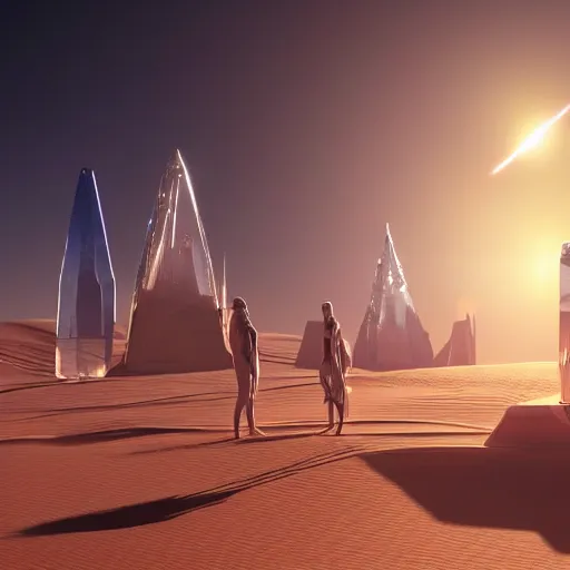 Image similar to four huge angular vertical floating complex translucent crystals in the desert, reflection from the crystal is sparkling due to sun, small retro starship in the sky, futuristic hi-tech details, art by anthony macbain + greg rutkowski + alphonse mucha, concept art, 4k, sharp focus, cinematic render unreal engine