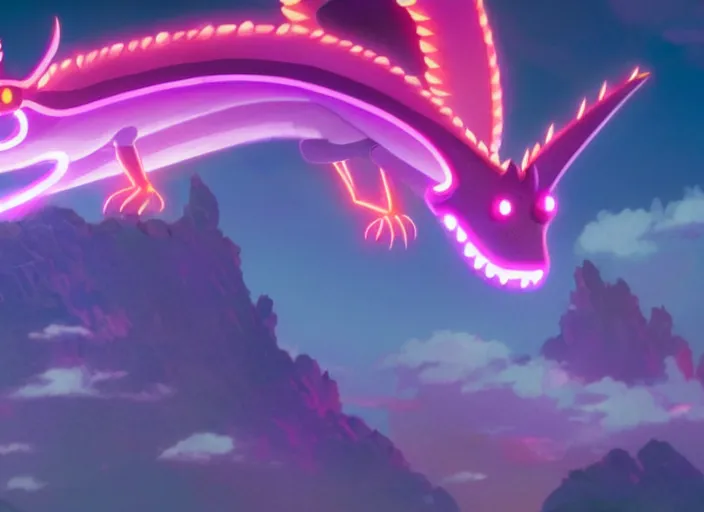 Image similar to a wholesome animation key shot of a neon dragon, close up, studio ghibli, pixar and disney animation, sharp, rendered in unreal engine 5, clear sky, anime key art by greg rutkowski, bloom, dramatic lighting