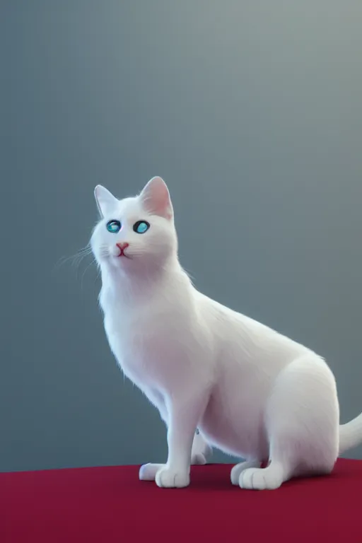 Image similar to a white cat with blue eyes wearing a red formal overcoat, hyperrealistic, concept art, octane render, unreal engine 5, realistic and defined face, profile picture, digital art, pixar and disney style, symmetrical, high quality, highly detailed, high coherence, path traced, house background, low contrast, beautiful, elegant clothes