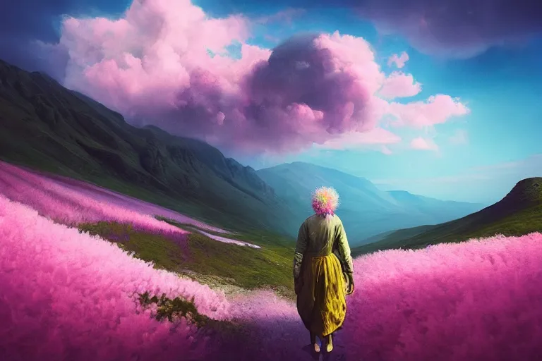 Image similar to giant dahlia flowers on head, girl walking on mountain, surreal photography, pink storm clouds, dramatic light, impressionist painting, digital painting, artstation, simon stalenhag