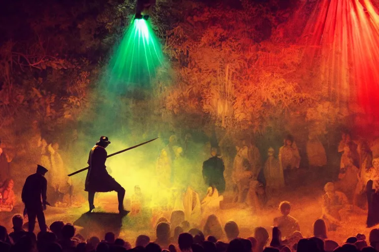 Prompt: festival on a stage, man with scythe, traditional romanian clothing, dramatic lighting, beautiful, volumetric lighting, colorful