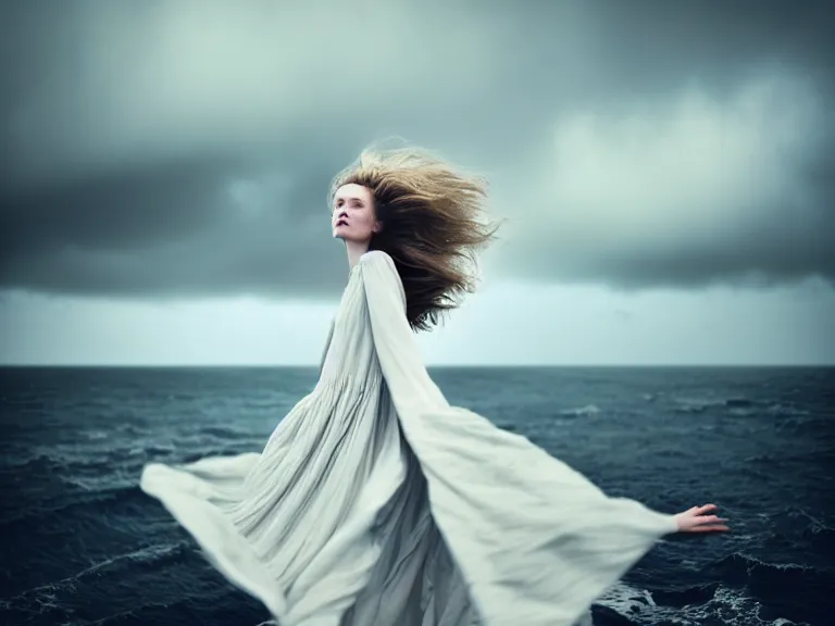 Image similar to cinestill 5 0 d half - length portrait photo portrait of a woman britt marling 3 / 4 style of nicholas fols, 1 5 0 mm, dress in voile, hair like dark clouds, hair floating on air, head in focus, mute dramatic colours, soft blur outdoor stormy sea background, volumetric lighting, hyper detailed, hyper realistic