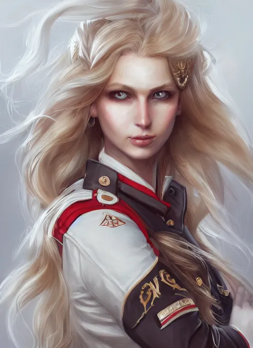 Prompt: a highly detailed illustration of beautiful long dirty blonde haired pale girl wearing epaulette uniform wearing white pants, red eyes, intricate, elegant, highly detailed, centered, digital painting, artstation, concept art, smooth, sharp focus, league of legends concept art, WLOP