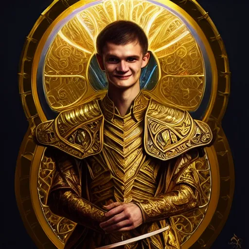 Image similar to Portrait of Vitalik Buterin wearing beautiful golden armor, D&D, fantasy, intricate, elegant, highly detailed, digital painting, artstation, concept art, matte, sharp focus, illustration, art by Artgerm and Greg Rutkowski and Alphonse Mucha, portrait