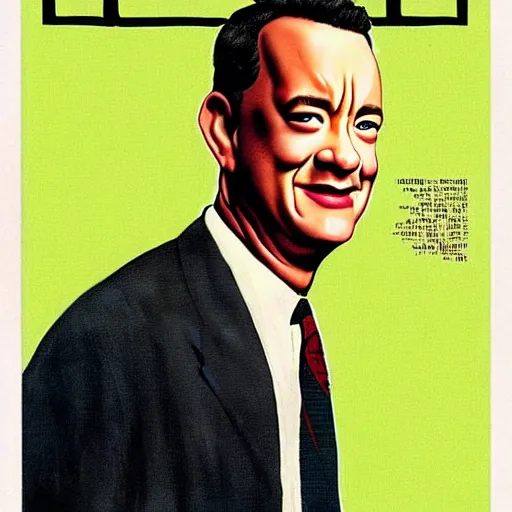 Prompt: “Tom Hanks portrait, color vintage magazine illustration 1950”