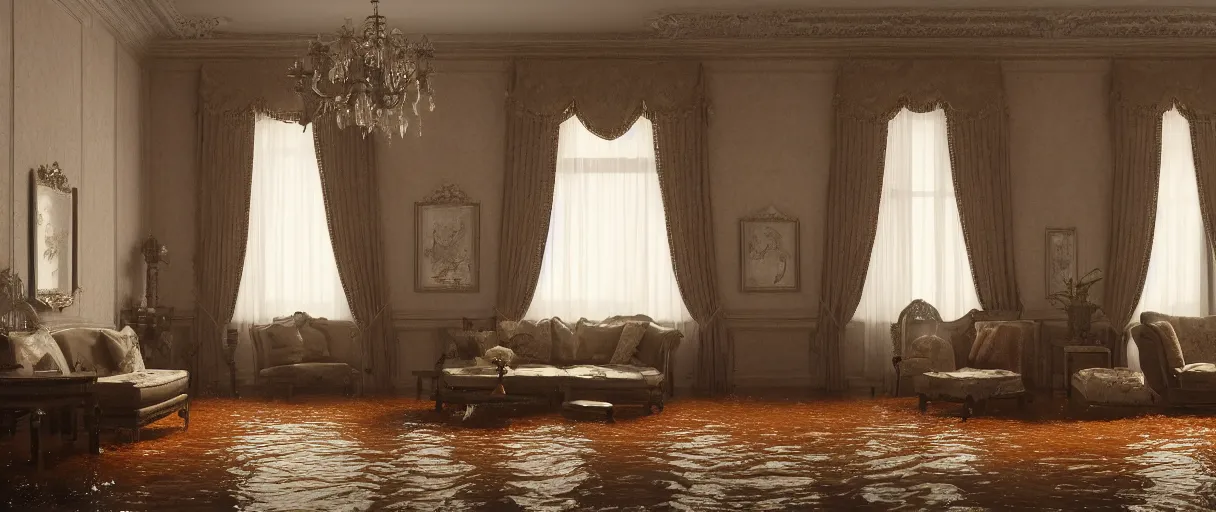 Prompt: decorative empty victorian livingroom flooded with water, octane render, 8k, artstation, concept art, smooth, sharp focus