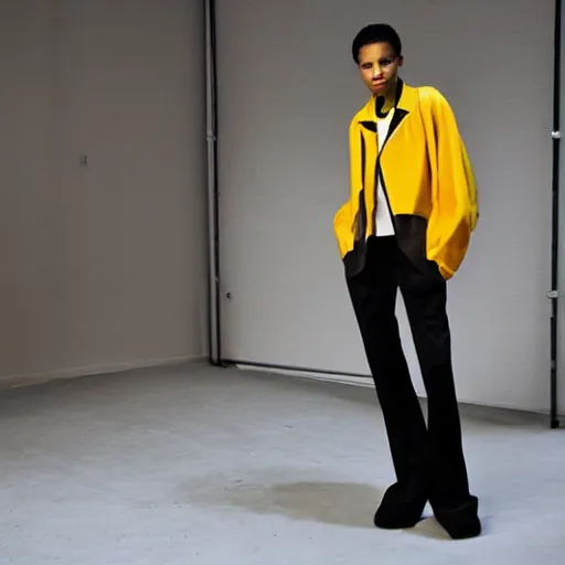 Image similar to realistic photoshooting for a new balenciaga lookbook color film photography of a beautiful woman model, model wears a workwear jacket, photo in style of tyler mitchell, ssense