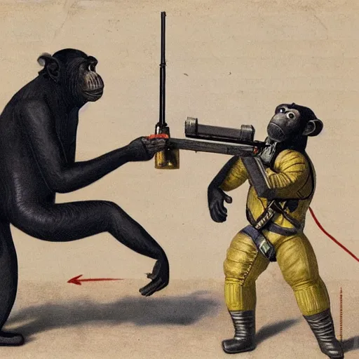 Prompt: an eel in a spacesuit teaches a chimpanzee how to fire a musket, volumetric lighting