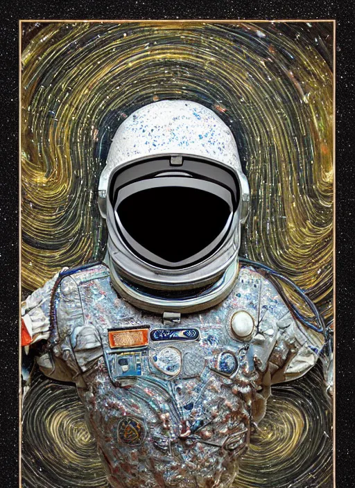 Prompt: **<<https://s.mj.run/ec6qntXVdDk>> **helmet astronaut :: celestial pattern + objects patterns :: fiber optic:: minerals + frequency waves merged into spiral + explosion :: pattern chaotic annihilation:: glass + lace + various elements blending + ultra high detail +astronaut covered with alien mutation + mushrooms + flowers :: octane render :: unreal render :: photo real :: 8k