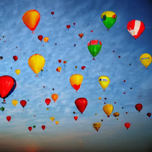 Image similar to a lot of birthday balloons with smiley faces floating in the clouds