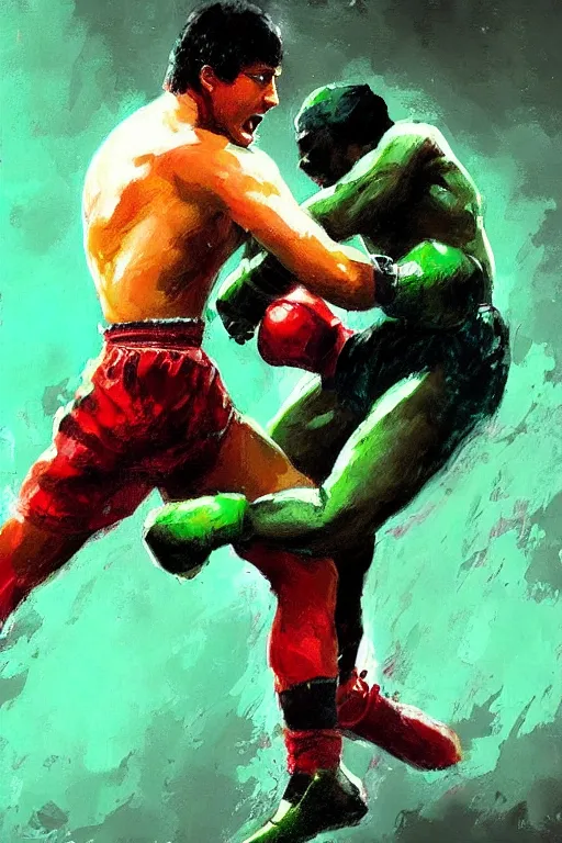 Image similar to fight between rocky balboa and predatorfrom the original movie, artstation, concept art, smooth, sharp foccus ilustration hq, painting in the style of leroy neiman, green tones