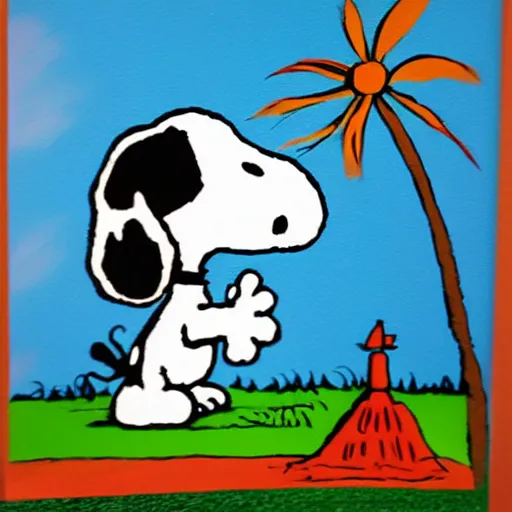 Prompt: snoopy in cancun, paint, art, carton