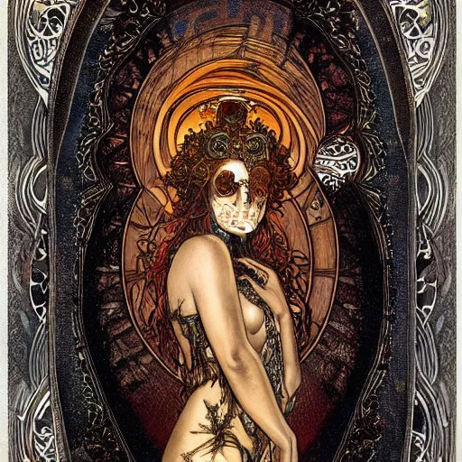 Image similar to Highly detailed ,intricate stunningly beautiful dark human ghost god broken amber in Mucha style with a skull curved ancient runs