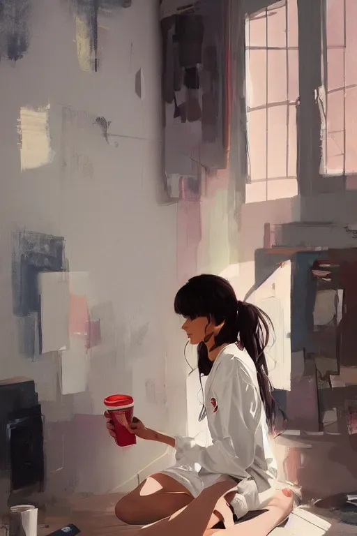 Image similar to A ultradetailed beautiful panting of a stylish girl sitting on the floor of a messy apartment, she is wearing an oversized Nike jacket, she is holding a Styrofoam cup, Oil painting, by Ilya Kuvshinov, Greg Rutkowski and Makoto Shinkai