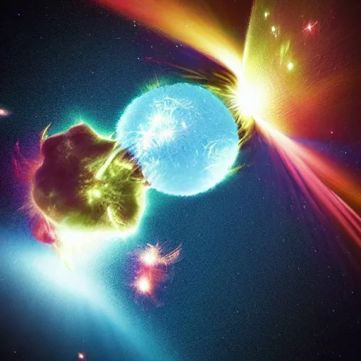 Image similar to “exploding collision between two neutron stars, creepy lighting, photorealistic”