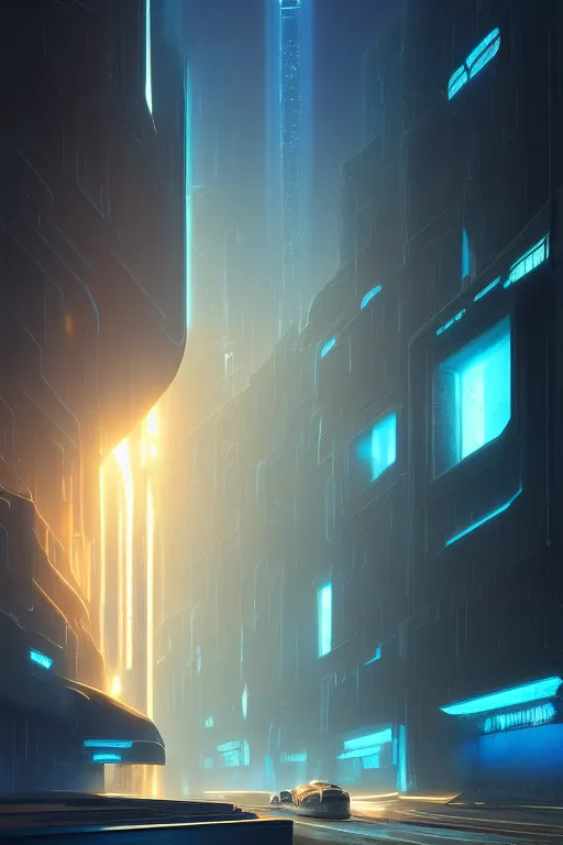 Image similar to emissary futuristic citys with orange lasers lighting the street, windows lit with blue hue, stone marble sculptures, by tim blandin and arthur haas and bruce pennington and john schoenherr, cinematic matte painting, zaha hadid building, photo realism, dark moody color palate, blue hour stars, desolate alaskan landscape,