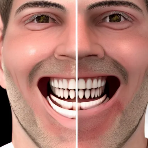 Image similar to human face closeup with extremly wide smile with sharp teeth, global illumination, 8k, extremly realistic, super detailed, sharp