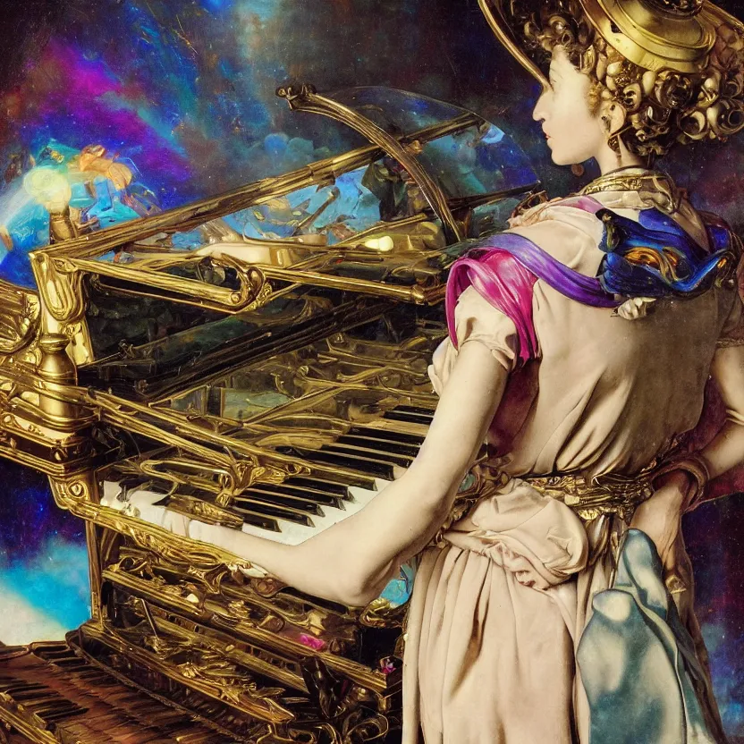 Prompt: a baroque neoclassicist close - up renaissance portrait of an iridescent 1 8 0 0 s sci - fi gundam mecha musician playing the piano. surrealism. reflective detailed textures. glowing colorful fog, dark background. highly detailed fantasy science fiction painting by moebius, norman rockwell, frank frazetta, and syd mead. rich colors, high contrast. artstation