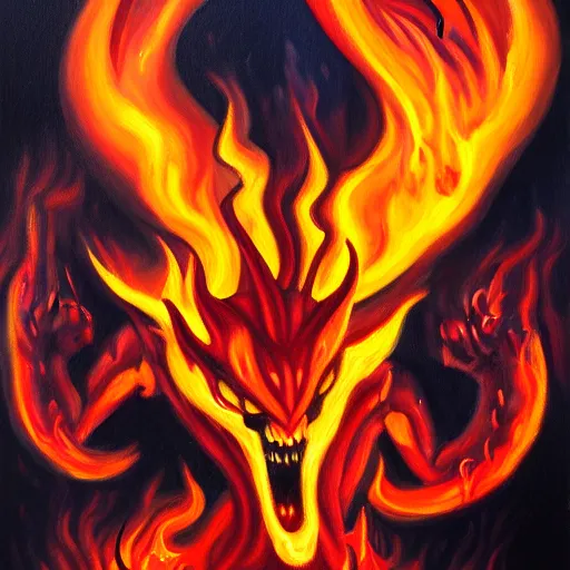 Image similar to fire demon eat human, oil painting