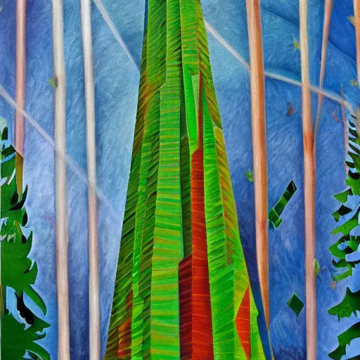 Prompt: the towering douglas fir trees kept her safe with their continual breath, surrealistic abstract art in the style of cubism,