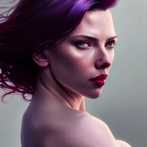 Image similar to portrait of seductive scarlett johanson, purple hair, attractive features, slight smile, highly detailed, digital painting, artstation, concept art, sharp focus, illustration, art by WLOP and greg rutkowski and alphonse mucha and artgerm