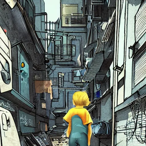 Prompt: a small blonde child staring up at a wall mural in an impoverished sci-fi cyberpunk tenement violent dirty alley, science fiction, illustration,