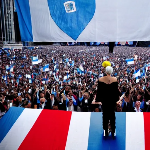 Image similar to Lady Gaga as president, Argentina presidential rally, Argentine flags behind, bokeh, giving a speech, detailed face, Argentina