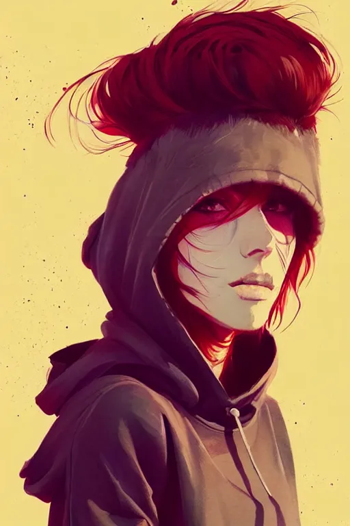 Image similar to a ultradetailed portrait painting of a stylish woman in a oversized hoodie, she has a wolfcut, by conrad roset, greg rutkowski and makoto shinkai trending on artstation