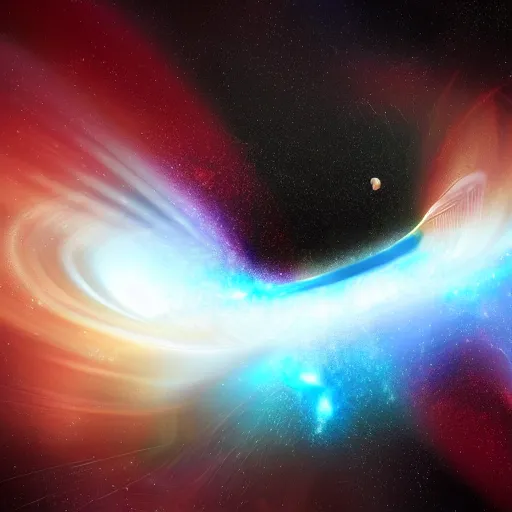 Prompt: 2 black holes colliding in space causing an explosion that tears reality, high quality digital art