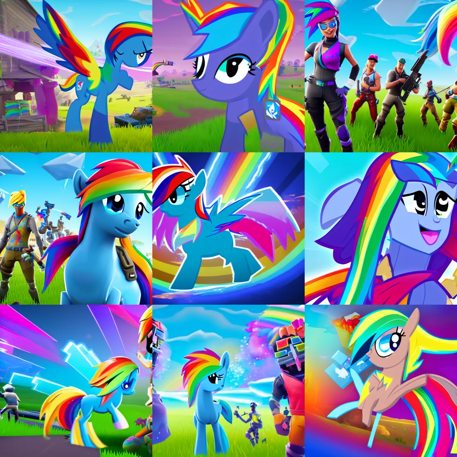 Prompt: rainbow dash flossing on the fortnite menu screen