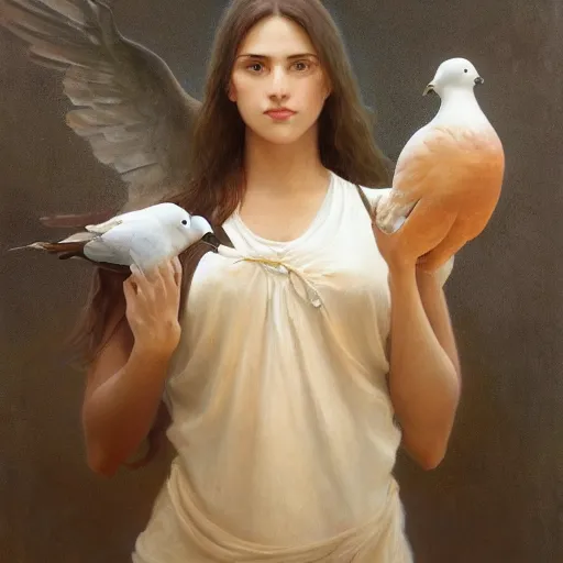 Image similar to artstation concept of a beautiful girl holding a dove, brown skin, sweaty skin, symmetrical face, casual white garment, brown canyon background, shiny colorful, hyperdetailed, artstation trending, world renowned artists, worth1000.com, historic artworks society, antique renewal, cgsociety, by greg rutkowski, by Alfons Maria Mucha, Deviantart