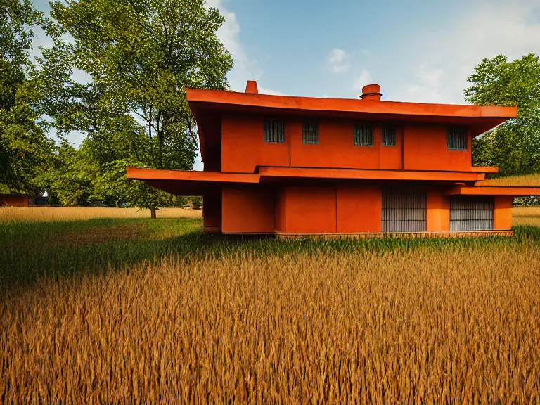 Prompt: hyperrealism colour design by frank lloyd wright and kenzo tange photography from 5 point of perspective of beautiful detailed small solarpunk house with many details in small detailed ukrainian village designed by taras shevchenko and wes anderson and caravaggio, wheat field behind the house, around the forest volumetric natural light