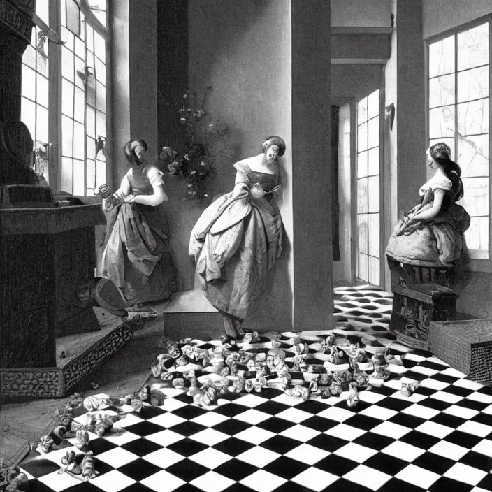 Prompt: pieter de hooch, trending on artstation, highly detailed, black and white checkerboard floor in the middle of the rainforest, intricate, elegant