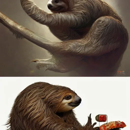 Image similar to detailed science - fiction character portrait of a sloth eating sushi, intricate, wild, highly detailed, digital painting, artstation, concept art, smooth, sharp focus, illustration, art by artgerm and greg rutkowski and alphonse mucha