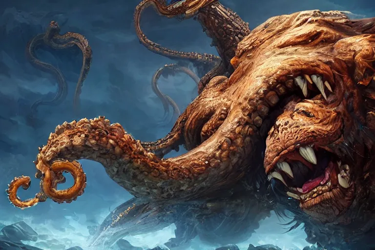 Image similar to the legendary island sized lion kraken hybrid, made by Stanley Artgerm Lau, WLOP, Rossdraws, ArtStation, CGSociety, concept art, cgsociety, octane render, trending on artstation, artstationHD, artstationHQ, unreal engine, 4k, 8k,