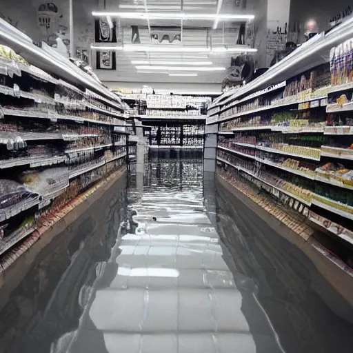 Prompt: photo of a grocery store interior, the floor is flooded with two meters deep water. eerie, volumetric lighting.