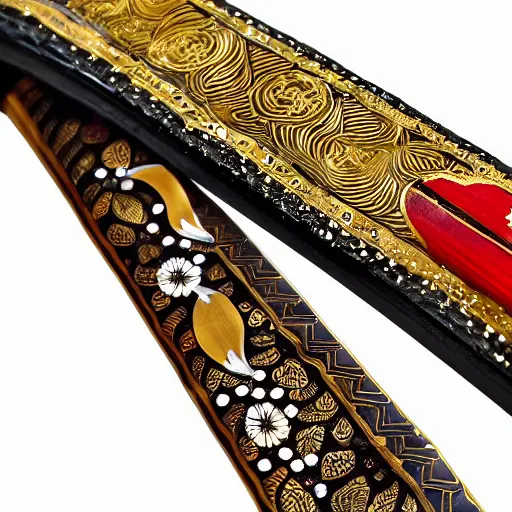 Prompt: artistic knife with jewels and gold inlay in the style of a indonesian keris, photorealistic