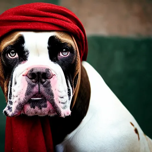 Image similar to portrait of american bulldog as afghan girl, green eyes and red scarf looking intently, photograph by steve mccurry