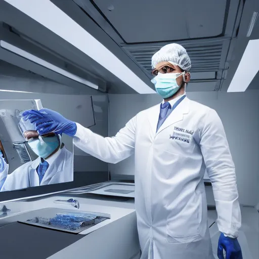 Image similar to ultra realistic and intricate detailed portrait photograph of a futuristic surgeon, standing inside futuristic operating room, full length, doctor, medicine, healthcare, technology, innovation, bright modern style, depth of field, ambient lighting, award winning, magazine cover,